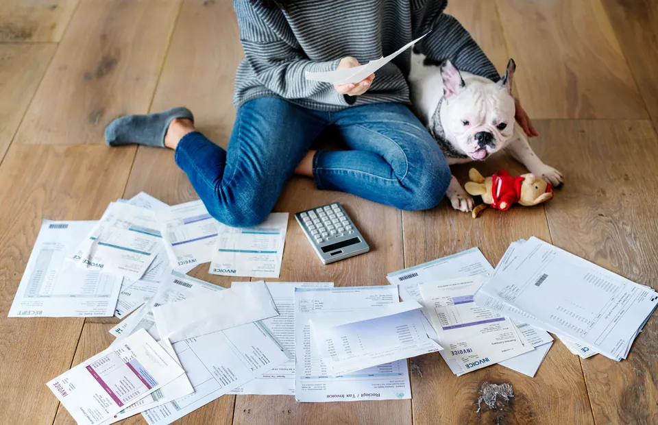 Person sitting on the floor sorting bills and receipts with a calculator and a dog