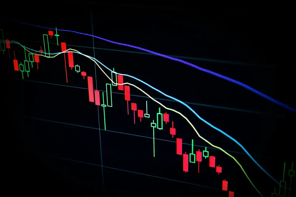 Candlestick stock chart trending down with moving average lines on a dark screen