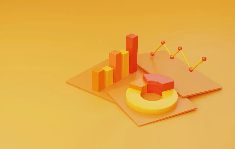 3D bar, line and donut charts on an orange background