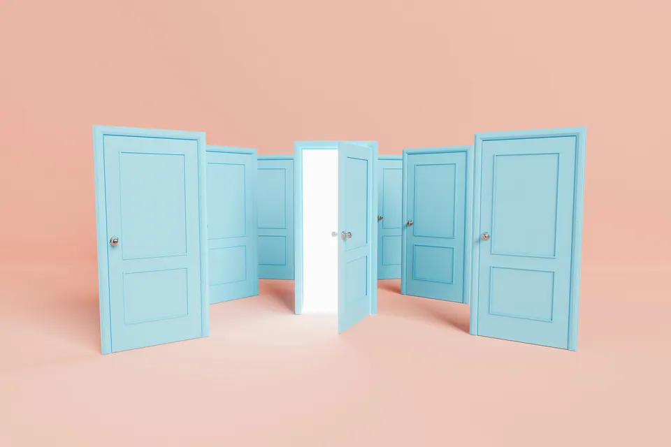 Several open light blue doors standing on a pink background
