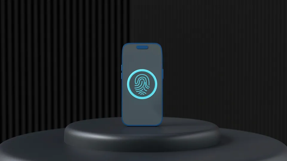 Smartphone with a glowing fingerprint icon on a dark pedestal