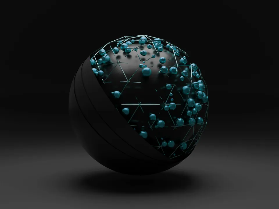 Dark sphere covered in a network of connected teal nodes