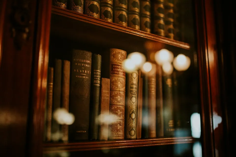 Antique leather-bound books on a wooden shelf