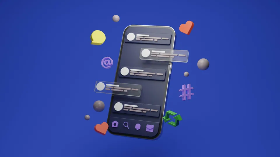 Smartphone with chat bubbles and social media icons on a blue background