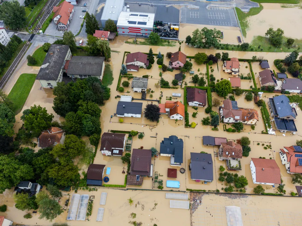 Aerial view of a flooded residential neighborhood