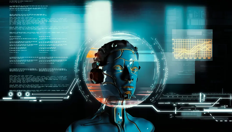 Humanoid AI figure surrounded by holographic data screens