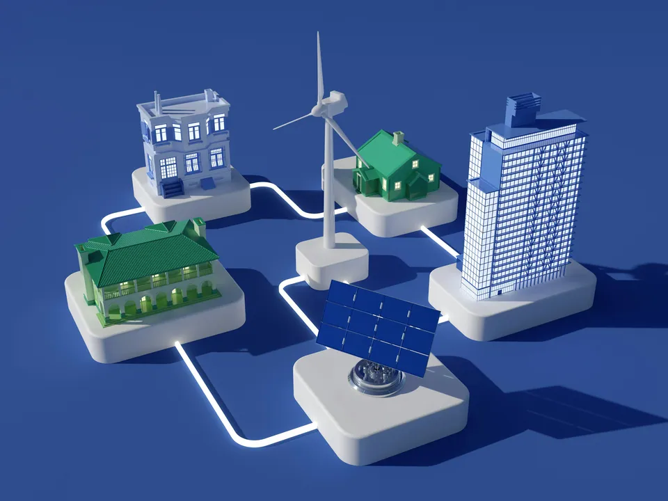 3D model of buildings, a wind turbine and solar panels linked on a blue background