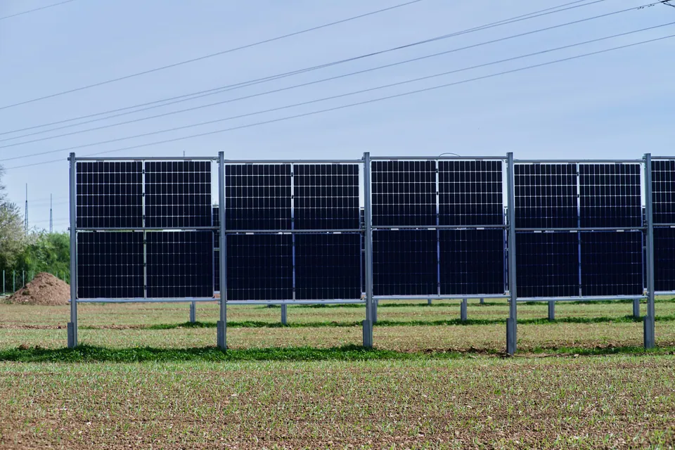 Vertical solar panels standing in a farm field