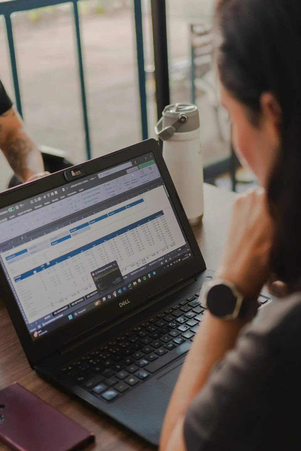 Woman reviewing a spreadsheet on a laptop by a window