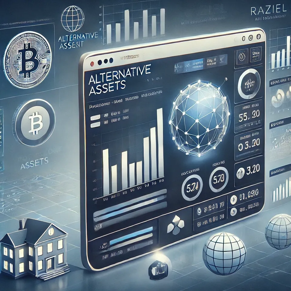 Illustrated alternative assets dashboard with charts and bitcoin icons