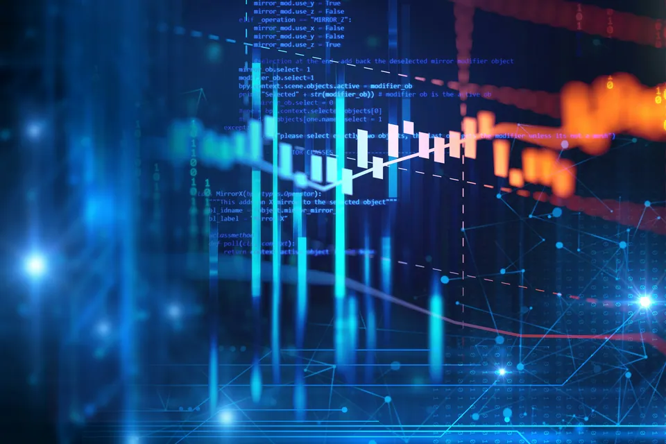 Glowing blue and orange candlestick chart on a digital background