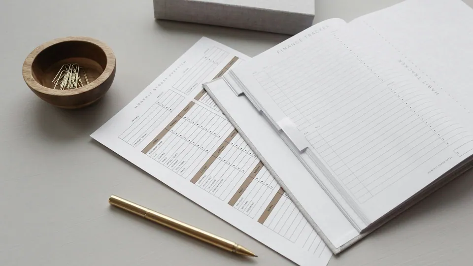 Printed ledger pages with a gold pen and a bowl of paper clips