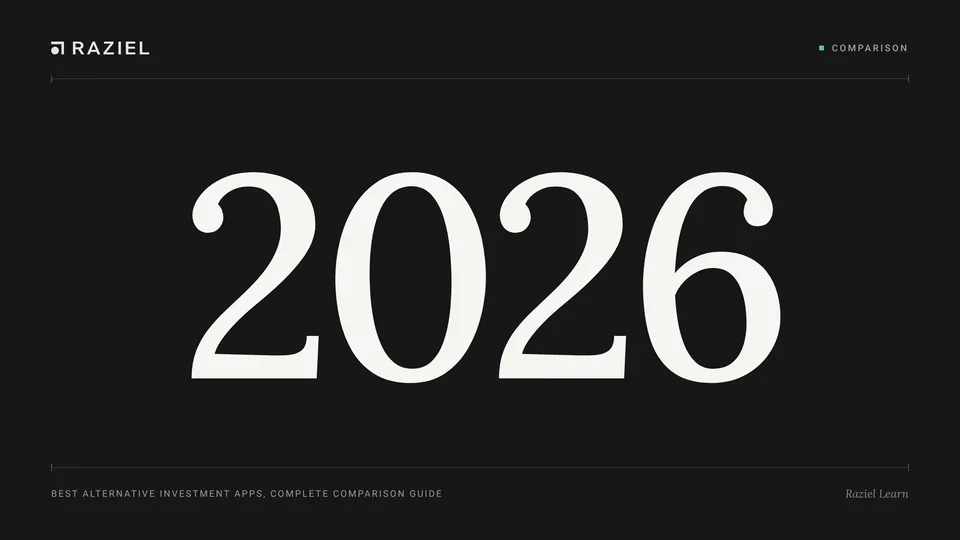 Typographic cover on a near-black background with a large 2026 numeral, the Raziel wordmark and the caption Best alternative investment apps, complete comparison guide
