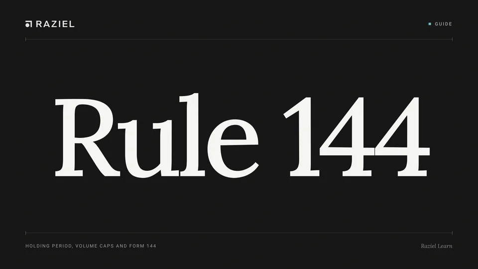 Typographic cover on a near-black background reading Rule 144, with the Raziel wordmark and the caption Holding period, volume caps and Form 144