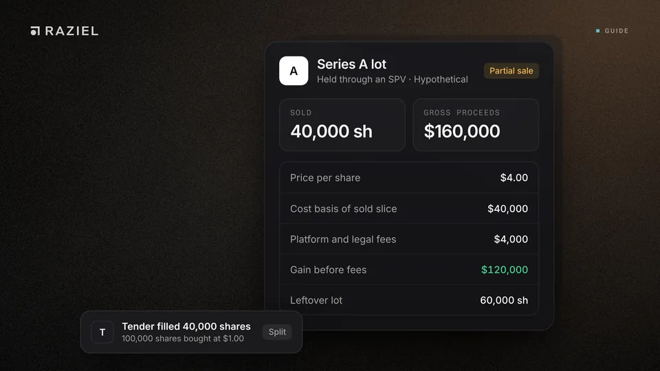 Raziel card for a hypothetical Series A lot held through an SPV: 40,000 shares sold at $4.00 for $160,000, $40,000 cost basis, $4,000 of fees, a $120,000 gain and 60,000 shares left, on a dark background with a warm light leak