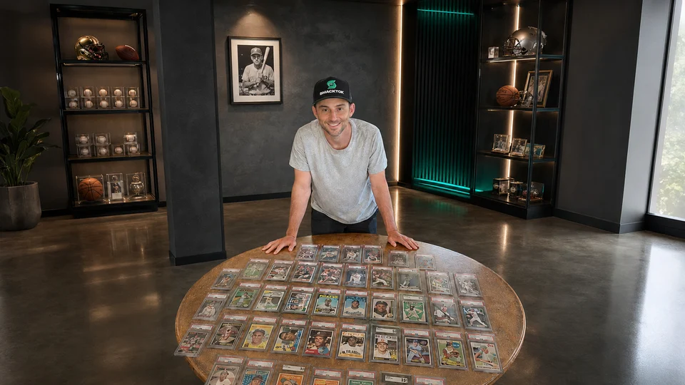 Jordan Rothstein in a Smacktok cap, leaning on a table of graded vintage baseball cards