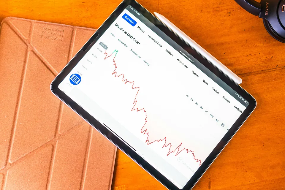Tablet showing a falling price chart on an orange case