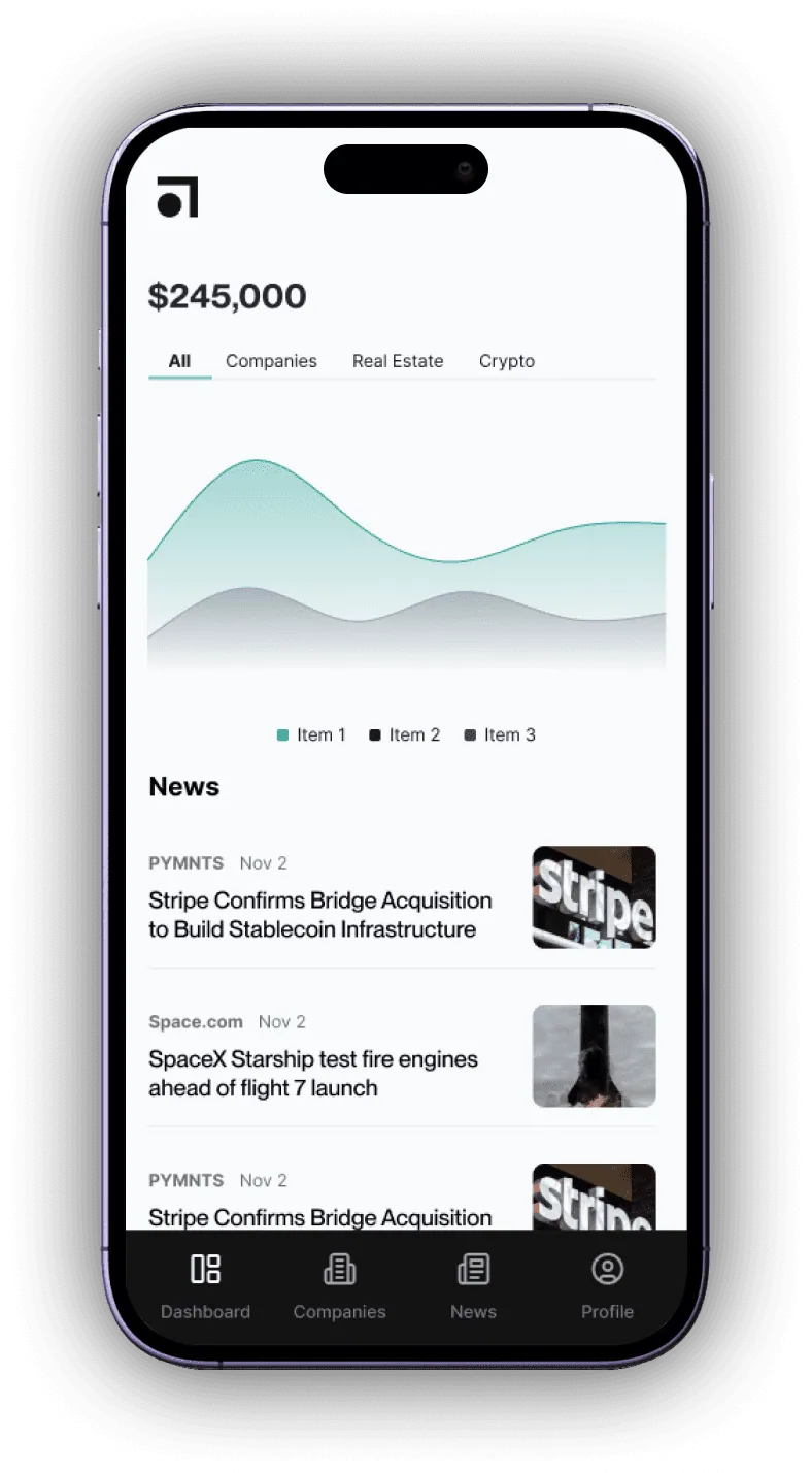 Raziel mobile app showing a $245,000 portfolio and its performance chart