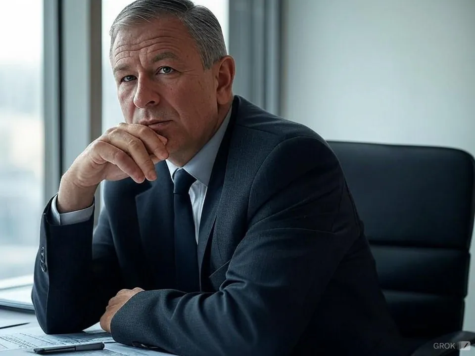 Thoughtful executive in a dark suit seated at his desk