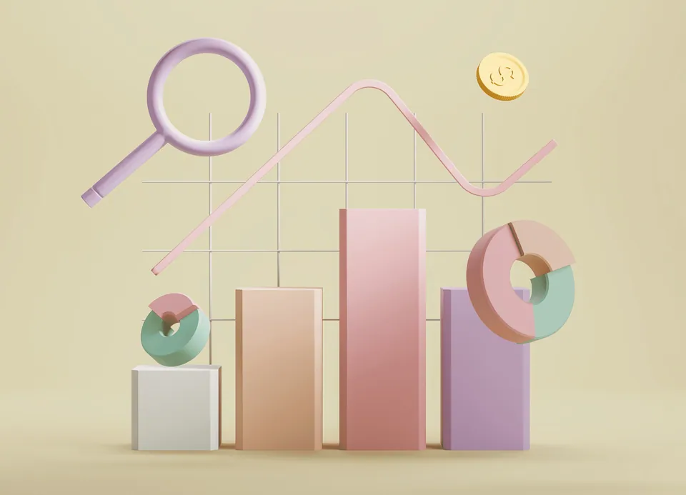 3D bar chart, magnifying glass and coin on a beige background