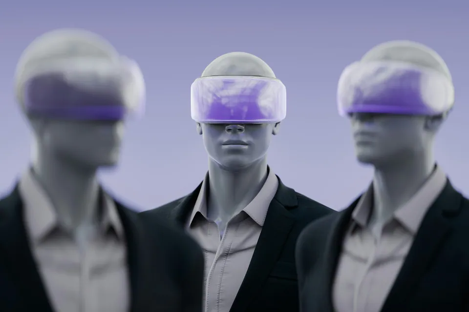 Three mannequins wearing purple-tinted VR headsets
