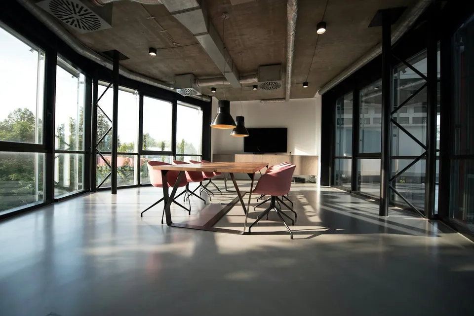 Empty modern conference room with floor-to-ceiling windows