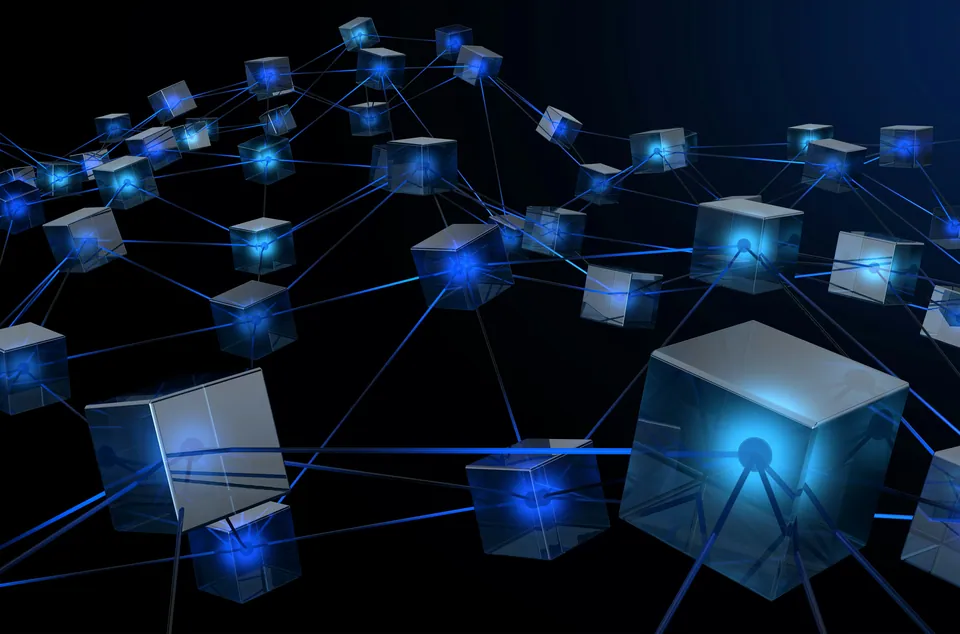 Glowing blue cubes connected in a blockchain network