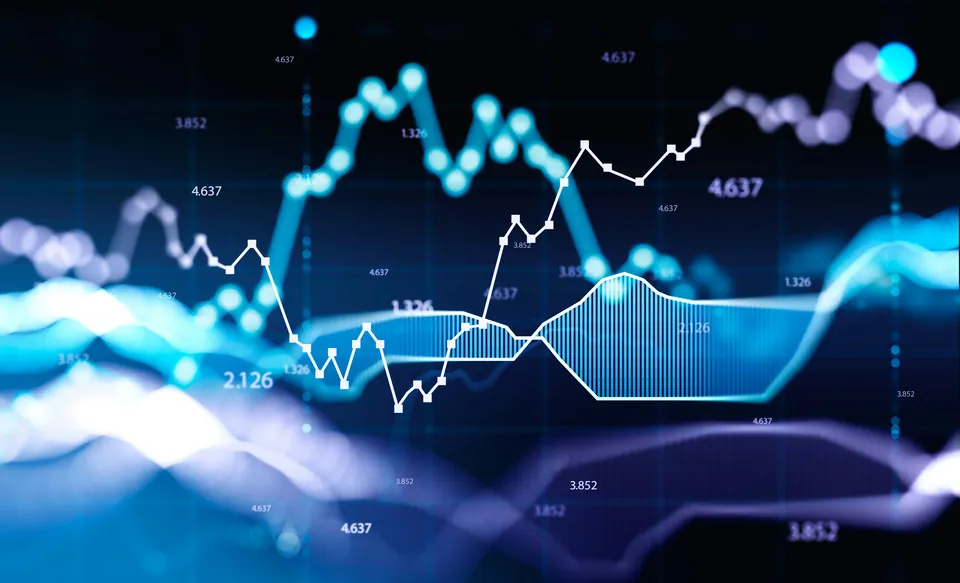 Glowing blue line charts and data points on a dark background