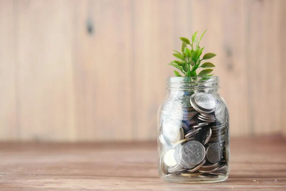Small plant growing from a glass jar of coins