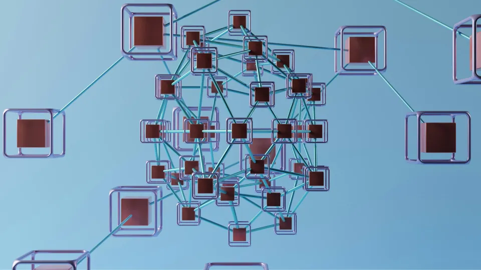 Network of connected cubes on a light blue background