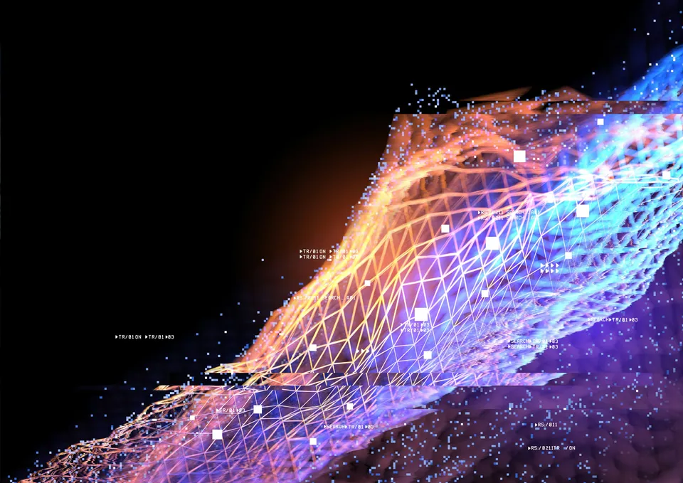 Colorful glowing wave of digital data particles