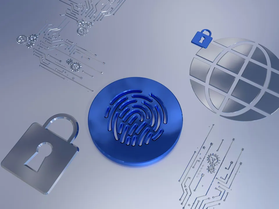 Padlock, fingerprint and globe icons on a gray background