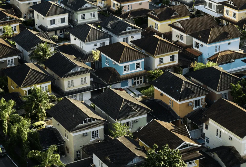 Aerial view of rows of suburban houses