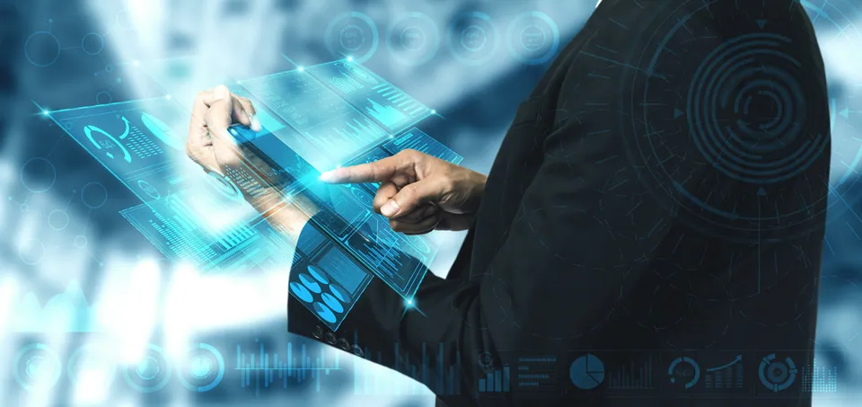 Businessman touching a holographic tablet interface